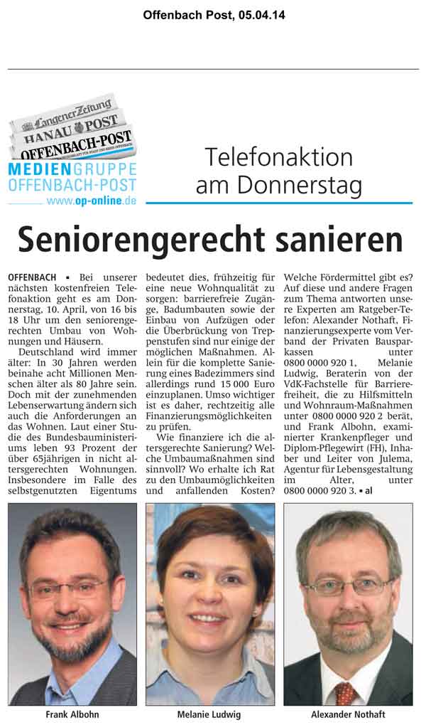 Offenbach Post vom 5. April 2014 "Seniorengerecht sanieren"